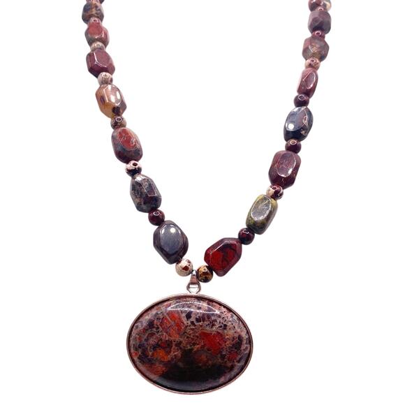 Vintage Red Agate and Jasper Beaded Necklace with Cabochon Pendant - Picture 1 of 8